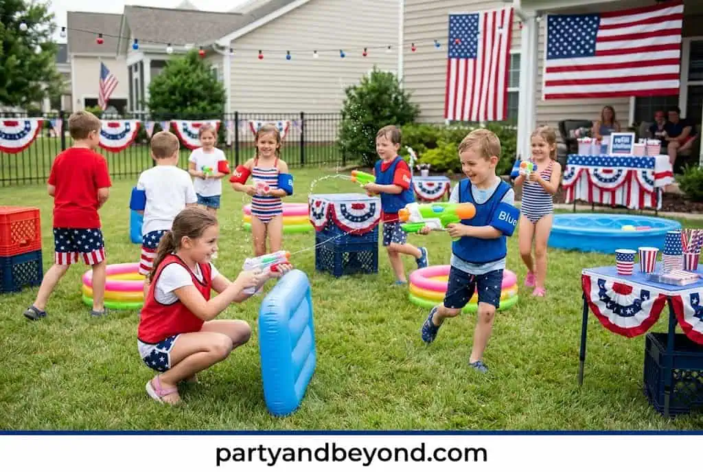 Kids dancing and freezing during a patriotic music game at a July 4th kids party