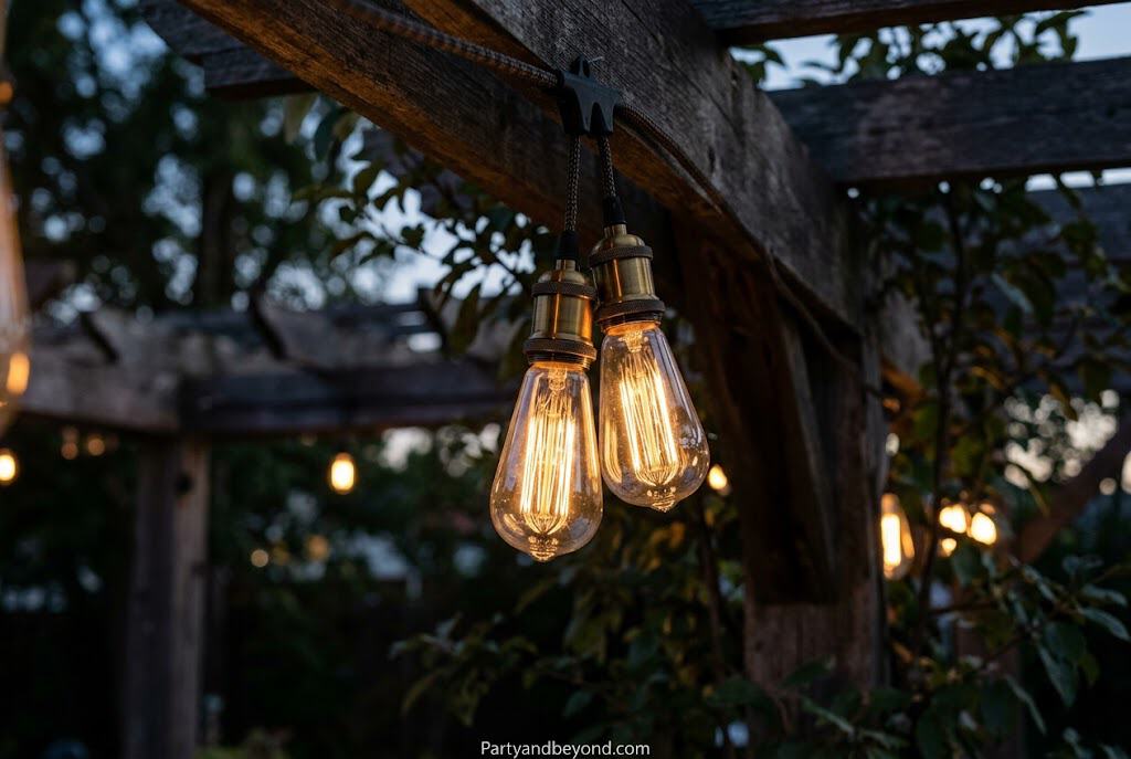 Warm Edison bulb string lights hanging across a backyard party at night creating a magical rustic outdoor ambiance.