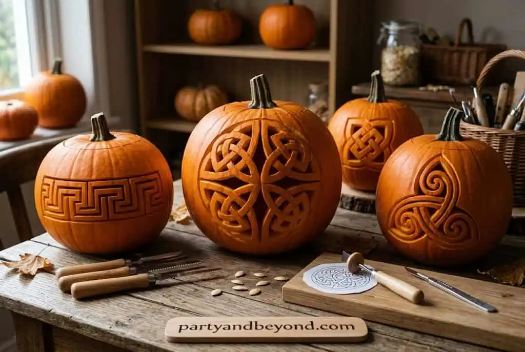 Intricate Celtic knot pumpkin carving with woven pattern details.
