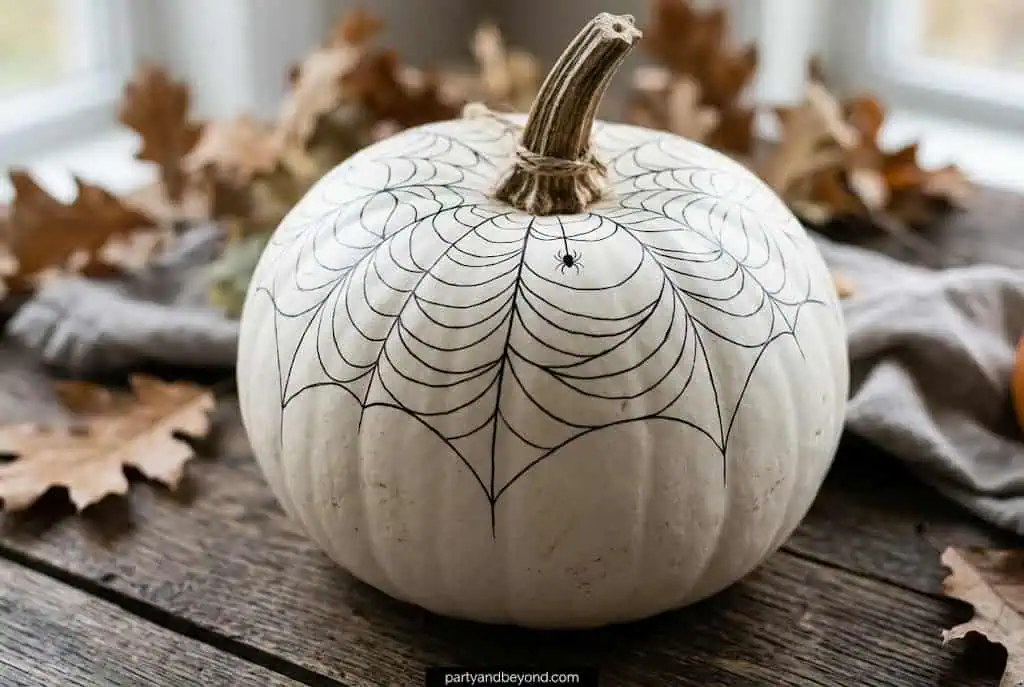 White pumpkin with fine black spider web line drawing