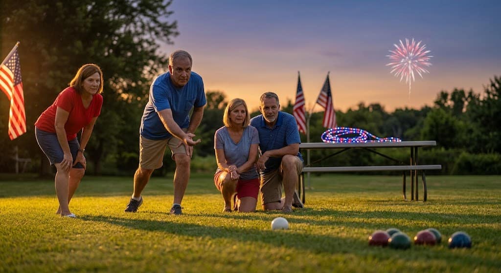Bocce ball lawn game for adults at 4th of July backyard party — competitive outdoor team game