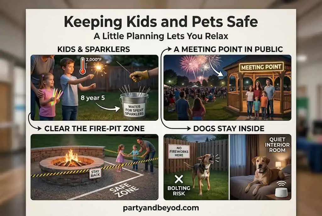 Kids and pets safety tips for parties, including sparklers, meeting points, fire zones, and indoor d.
