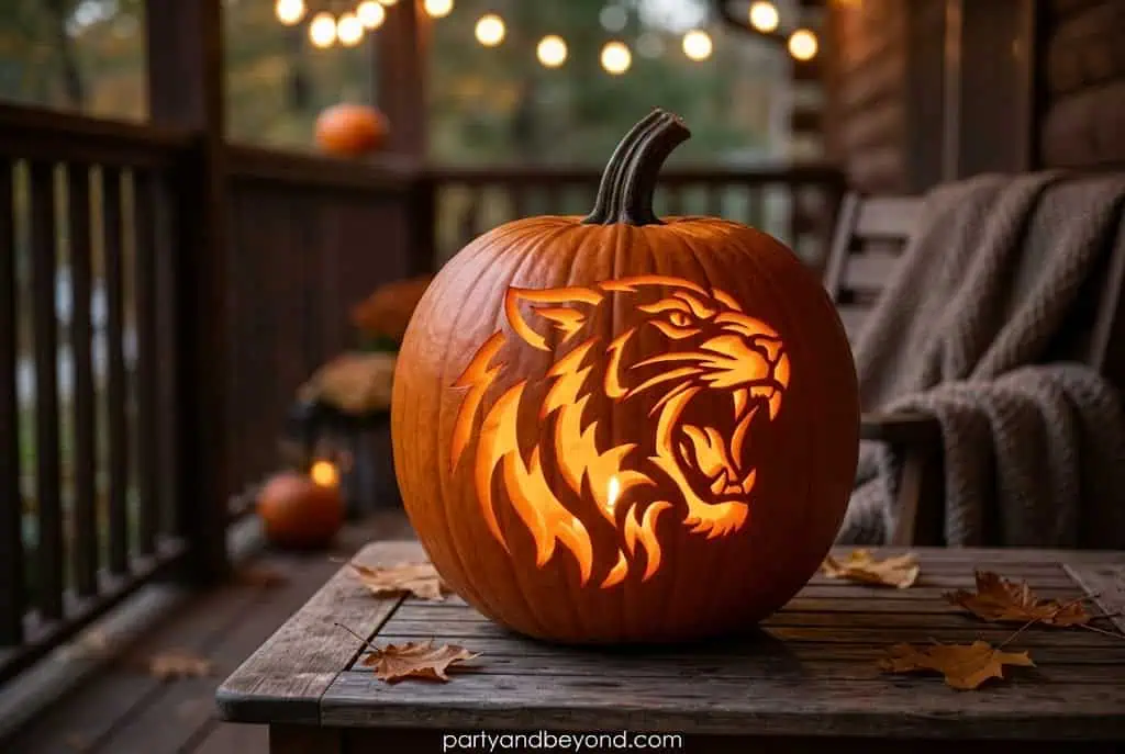 Halloween pumpkin carved with angry cat face and sharp teeth.