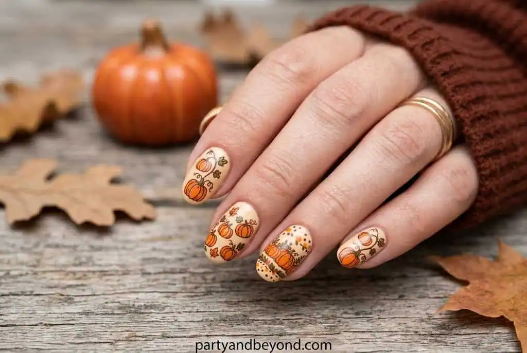 Sage green nails with tiny stamped pumpkin patterns for fall nail art.
