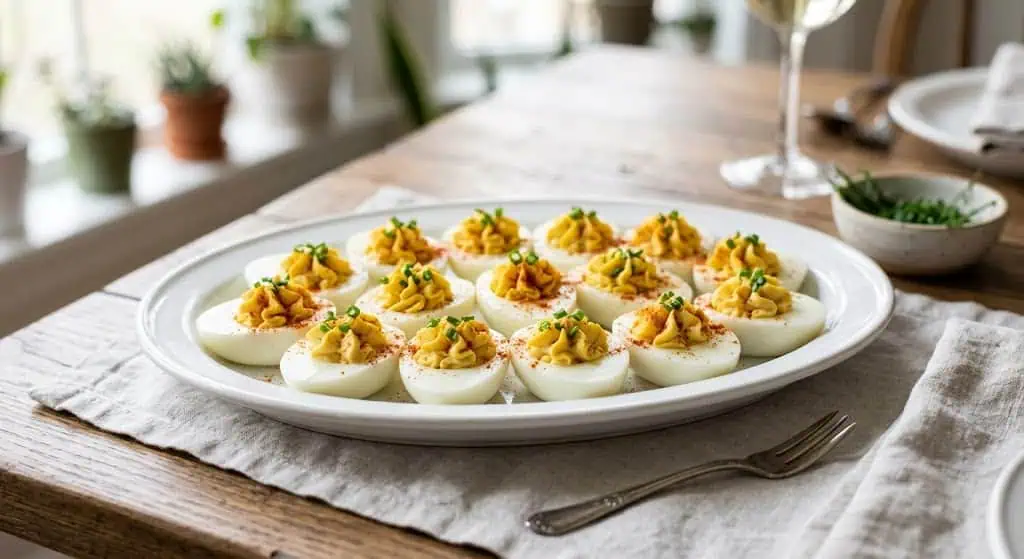 Classic deviled eggs garnished with paprika and chives on a white platter.