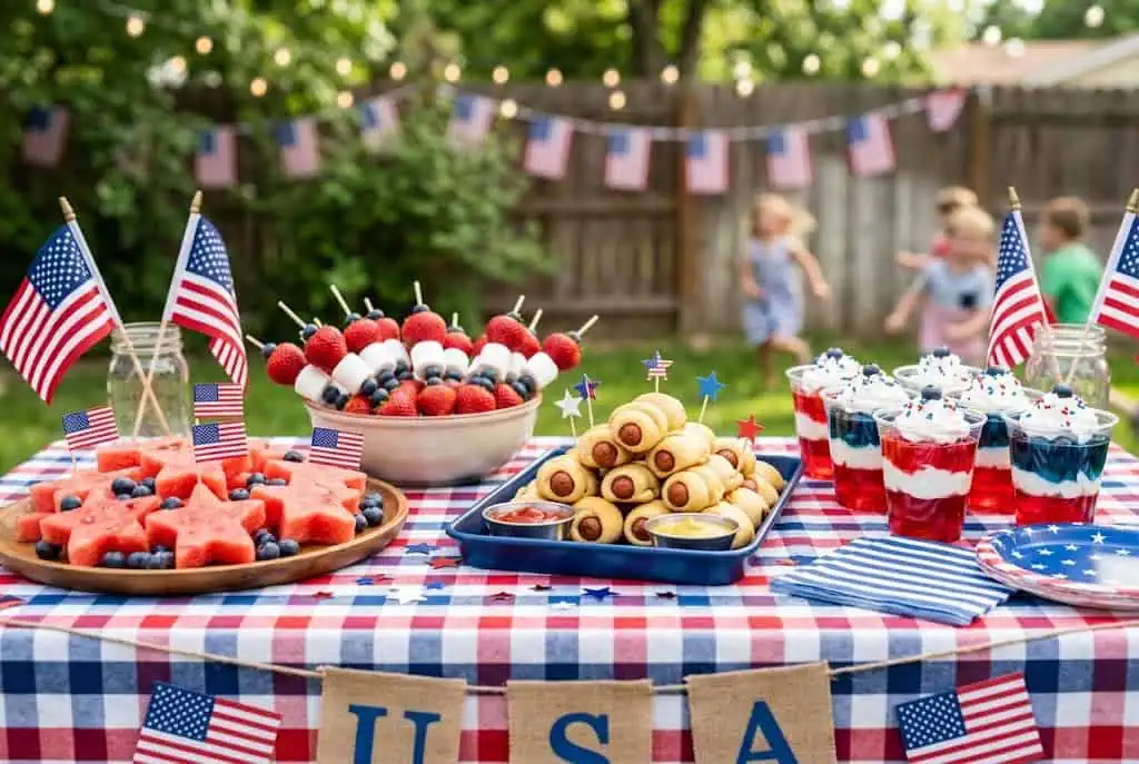 Kid-friendly 4th of July party food table with watermelon stars fruit skewers mini hot dogs and patriotic desserts 4th of July Party for Kids Under 10.