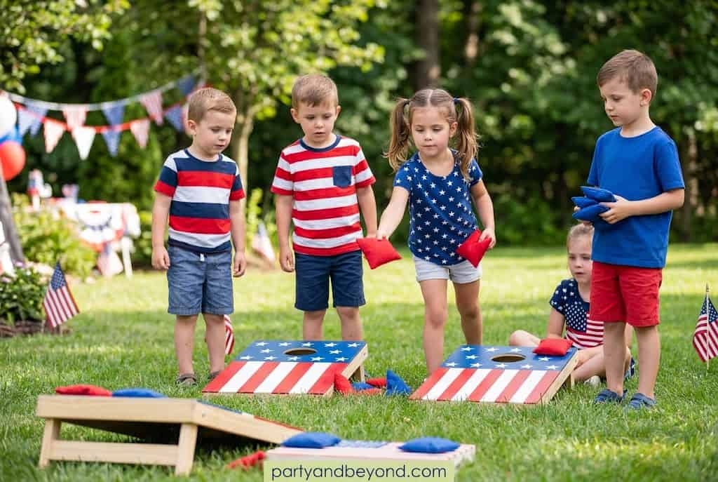 Kids racing with patriotic colored eggs balanced on spoons during a July 4th outdoor game”