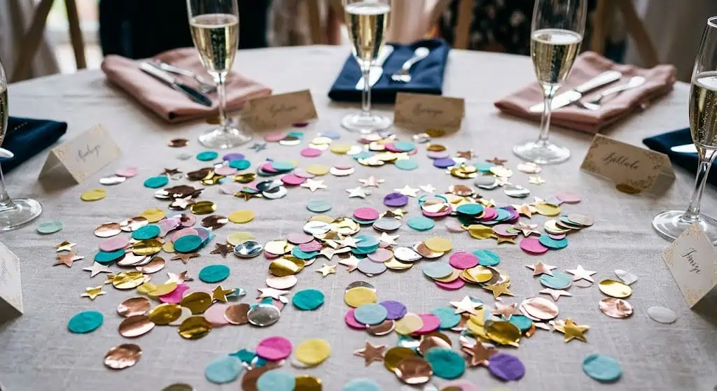 “Metallic confetti table scatter styled around candles and centerpieces”