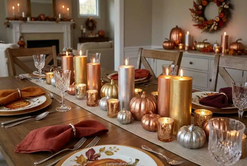 “Mixed metal candles arranged as Thanksgiving table runner centerpiece”