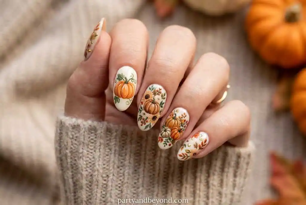 Cottagecore pumpkin nail art decorated with tiny floral details and leaves.