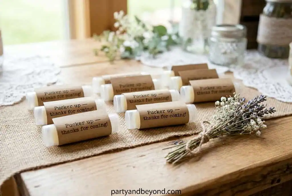 Personalized party favors with "thanks for coming" labels on small vials, perfect for event decor.