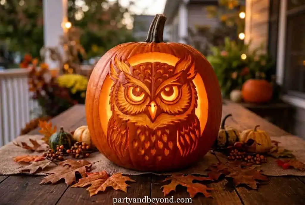 Cute owl pumpkin carving with large round eyes and feather details.