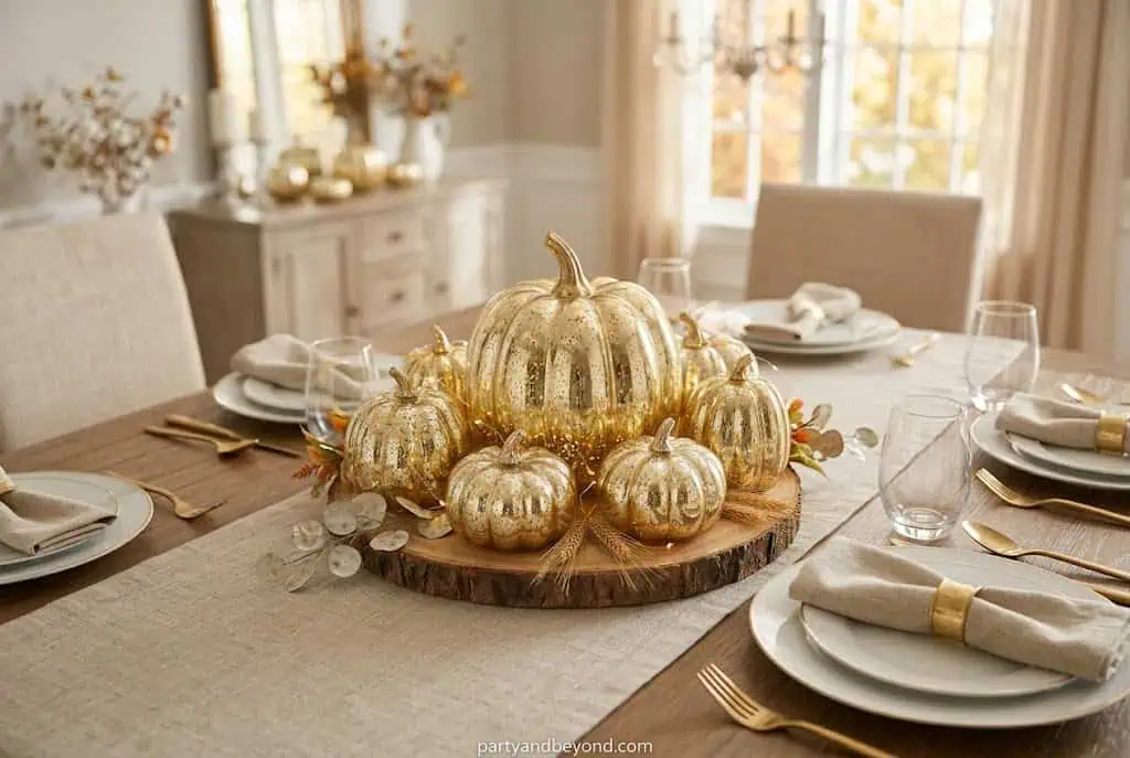 “Gold mercury glass pumpkins as elegant Thanksgiving centerpiece”