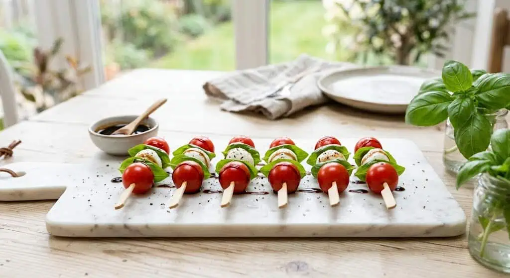 Fresh caprese skewers with tomato, mozzarella, and basil on white marble.
