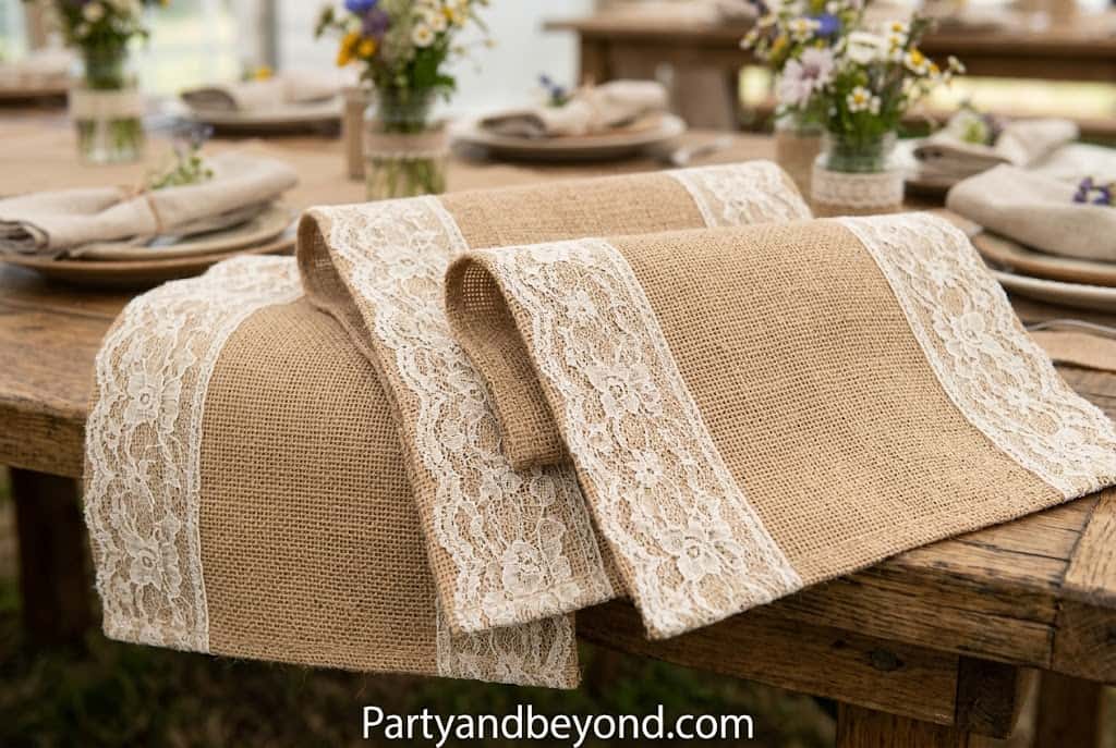 Rustic dining table styled with burlap table runners layered with white lace, candles, and soft floral decorations.