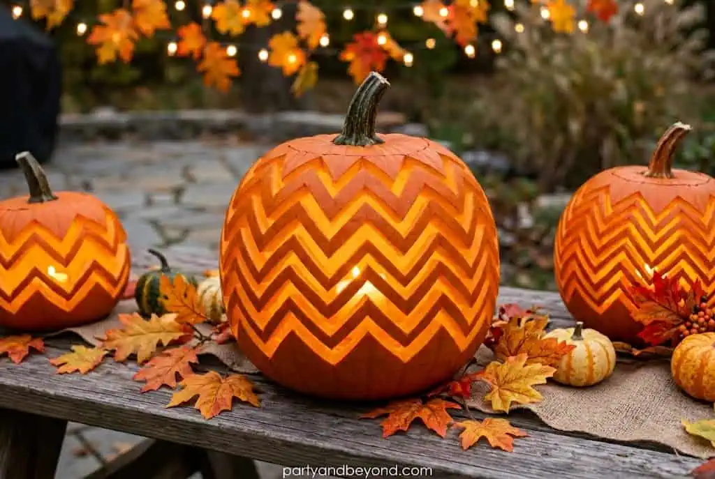 Minimalist pumpkin with glowing chevron stripe carving design.