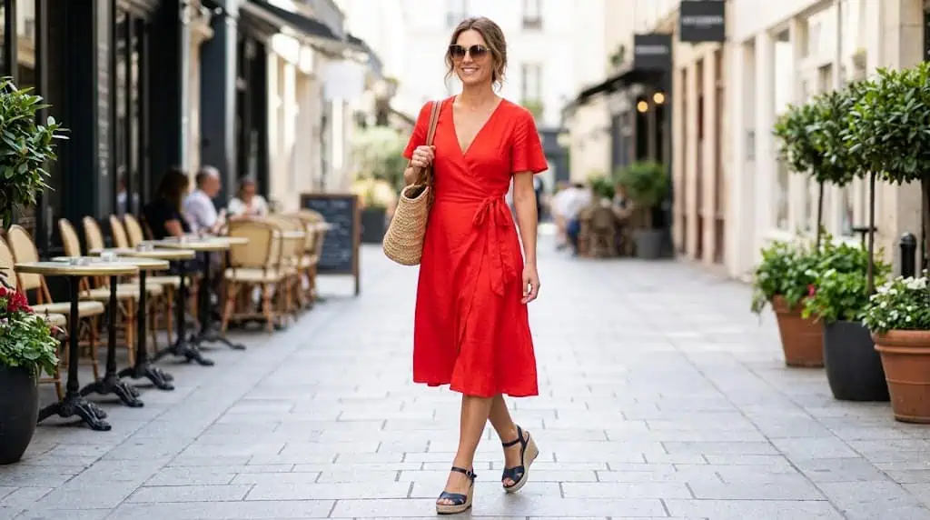 Elegant red wrap dress styled for summer wedding guest outfit