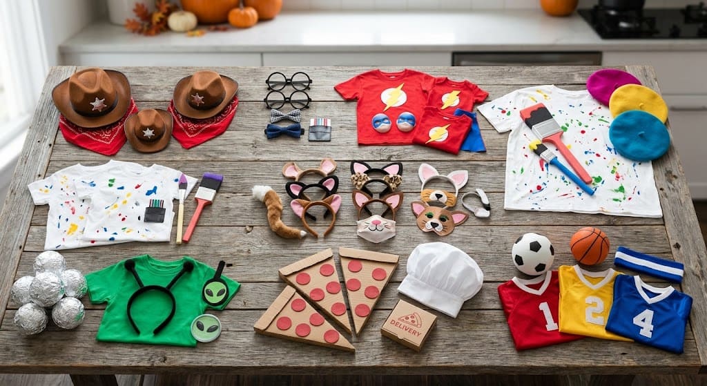 Creative family Halloween costumes with accessories and props for a fun celebration.