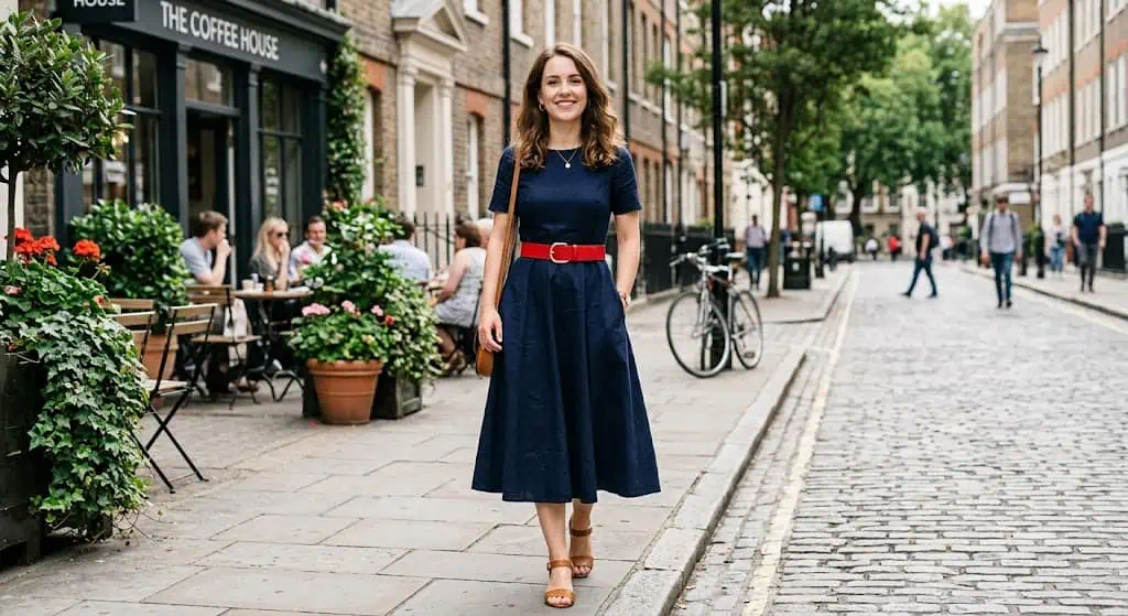 Navy blue A-line dress styled with red belt and white sandals for subtle patriotic look