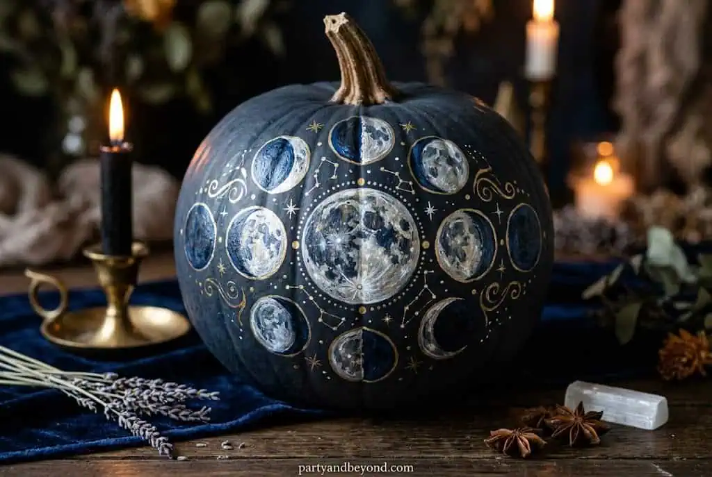 Black pumpkin featuring white painted moon phase sequence across surface