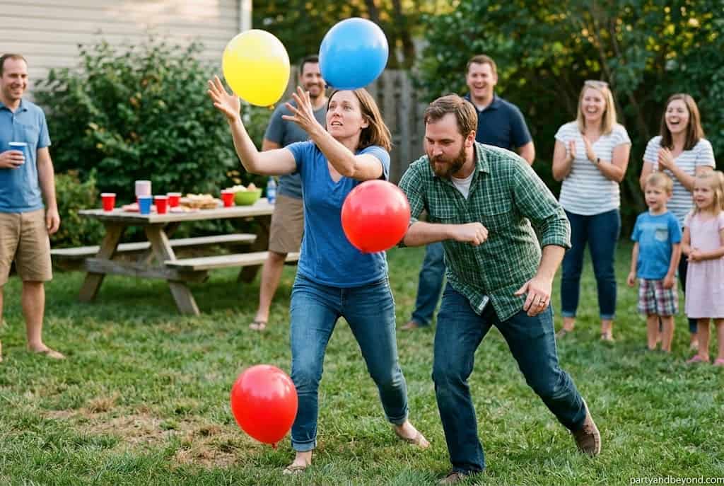 Kids and adults keeping balloons in the air during a high-energy minute to win it game