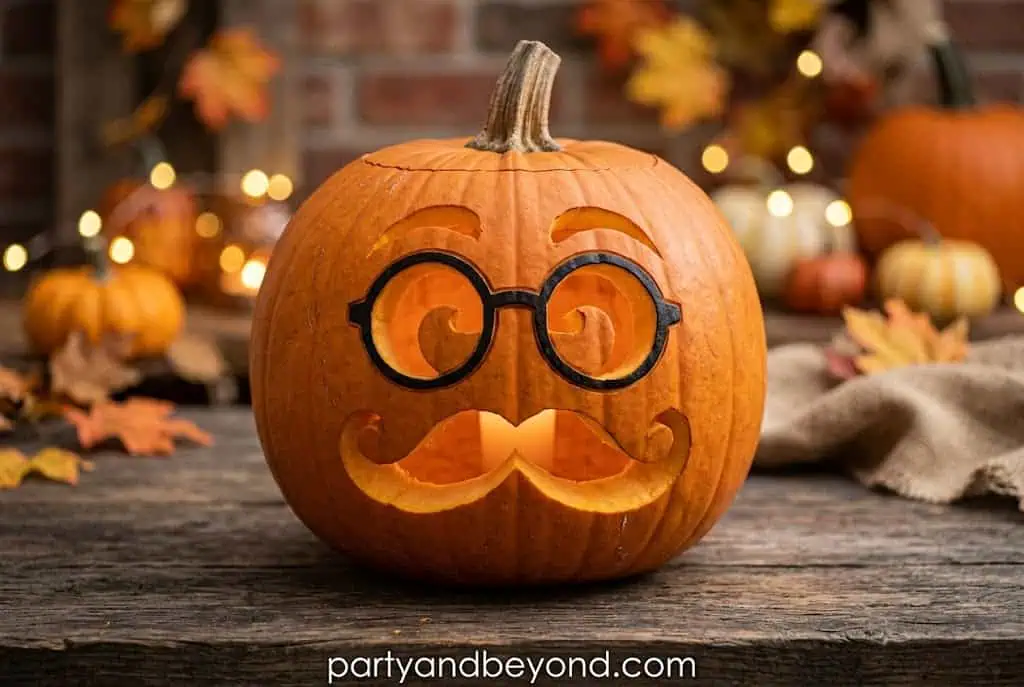 Funny gentleman pumpkin carving with glasses and curled mustache.