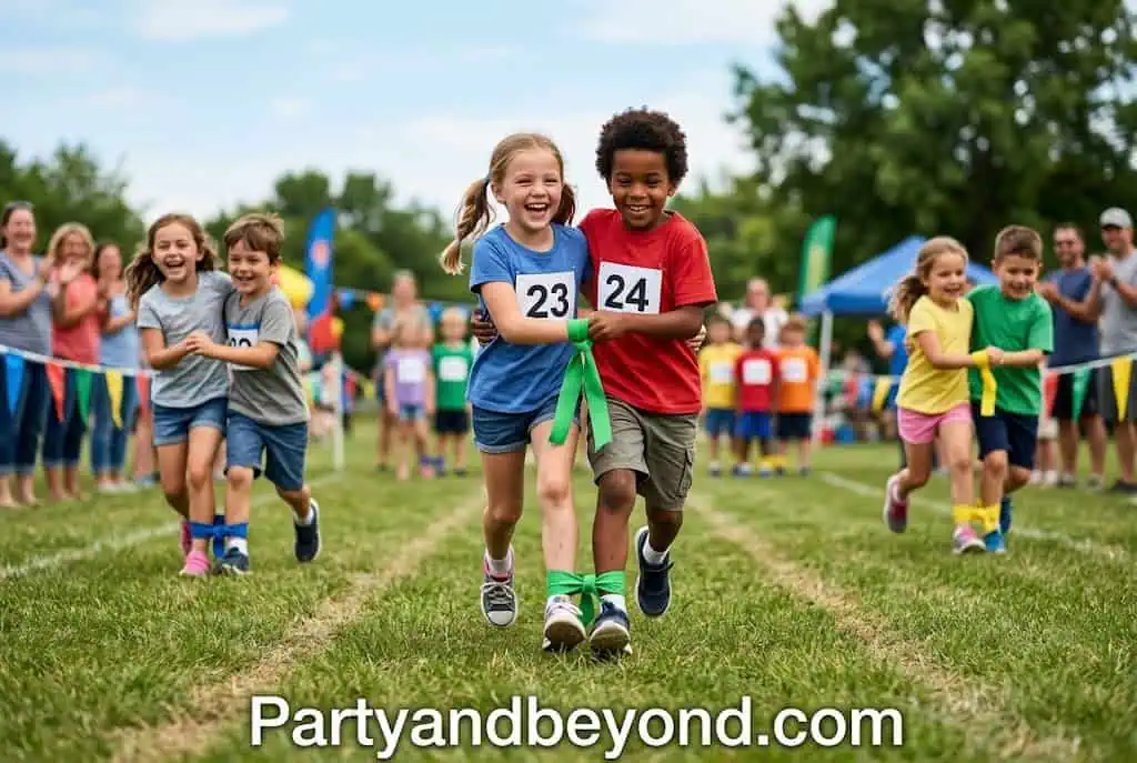 Children race at outdoor school sports day event.