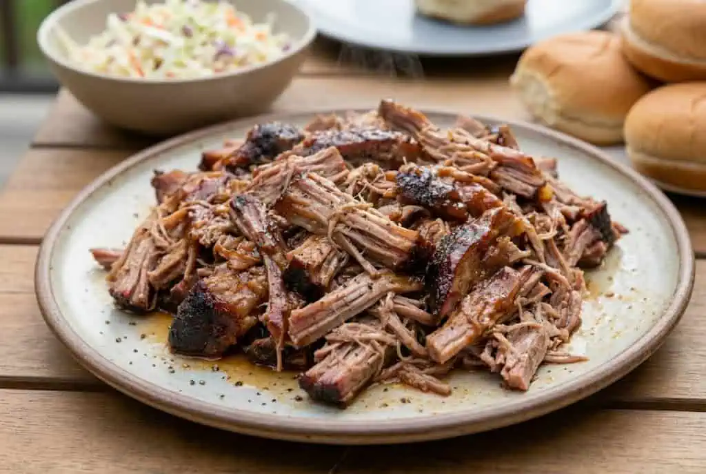 Slow cooker pulled pork served with buns and barbecue sauce at a graduation party