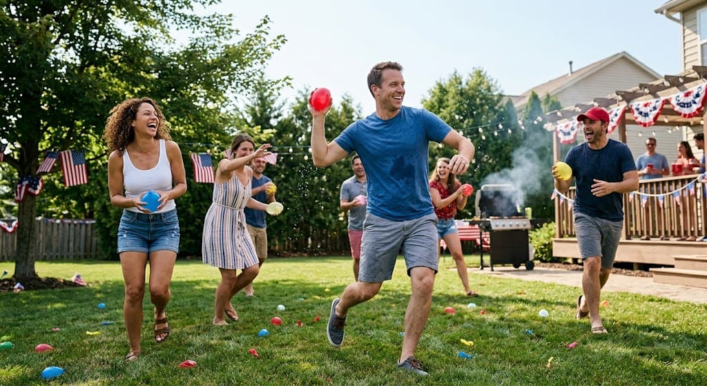 Water balloon battle adults at 4th of July backyard party — outdoor summer game