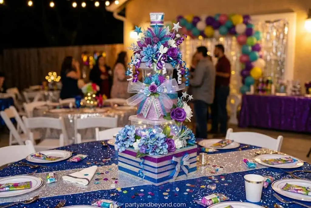 : Budget graduation table centerpieces made with vases, faux flowers, and ribbons