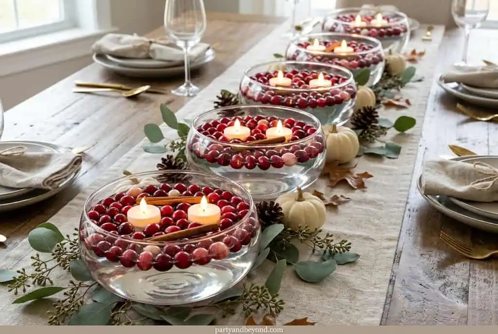 “Floating cranberries and candles in glass bowl Thanksgiving centerpiece”
