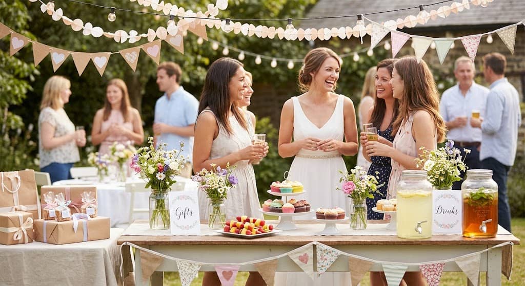 Outdoor bridal shower with women enjoying drinks and desserts.