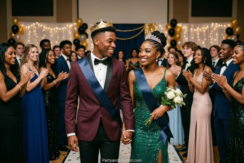 Glamorous Black couple in matching prom royalty-inspired Halloween outfits with crowns, highlighting Couple Halloween Costumes for Black Couples.