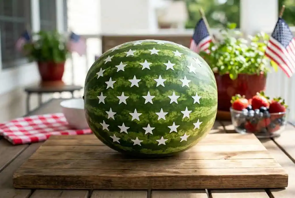 Watermelon centerpiece with patriotic decorations on a 4th of July table
