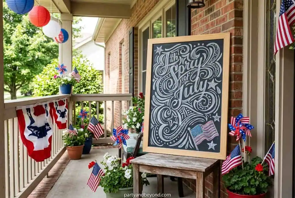 Chalkboard welcome sign with Happy 4th of July lettering on a front porch