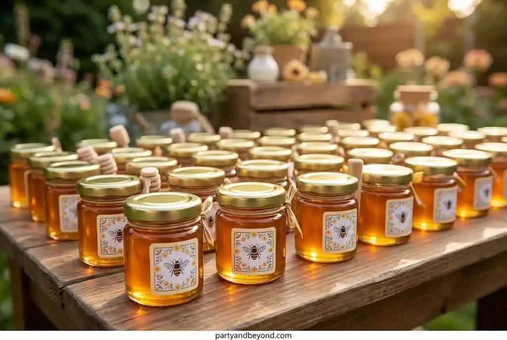 Small glass honey jars with personalized labels arranged for baby shower favors