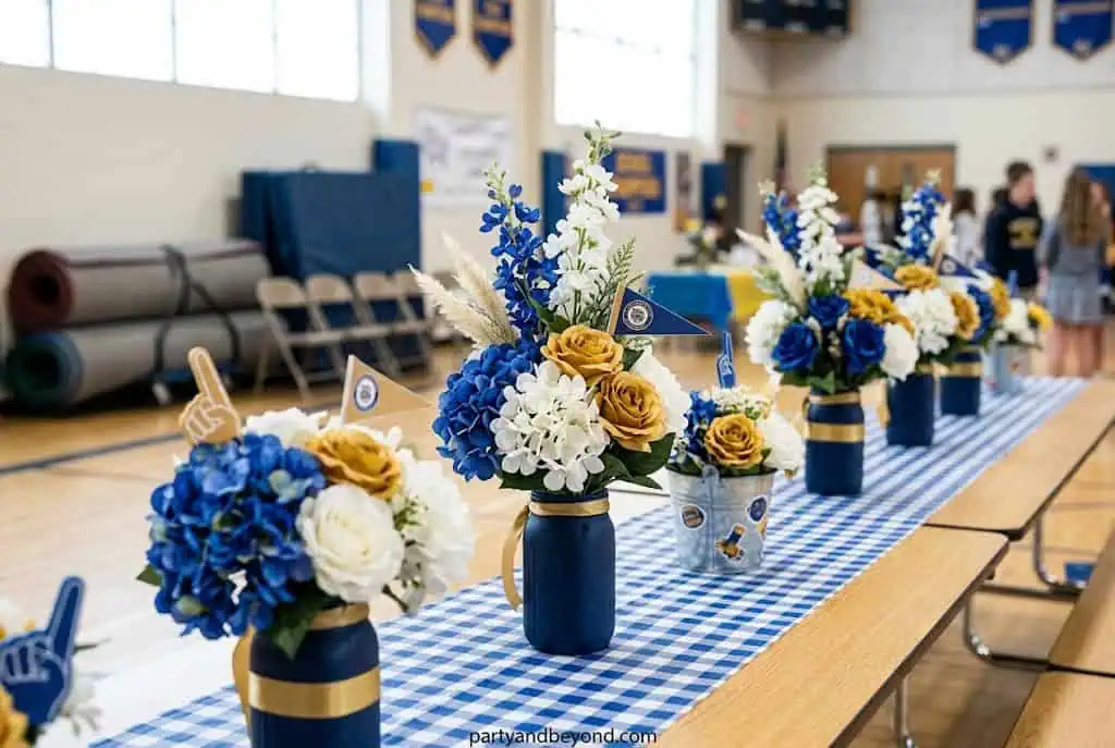 Mason jar centerpieces filled with faux flowers in school colors for graduation tables