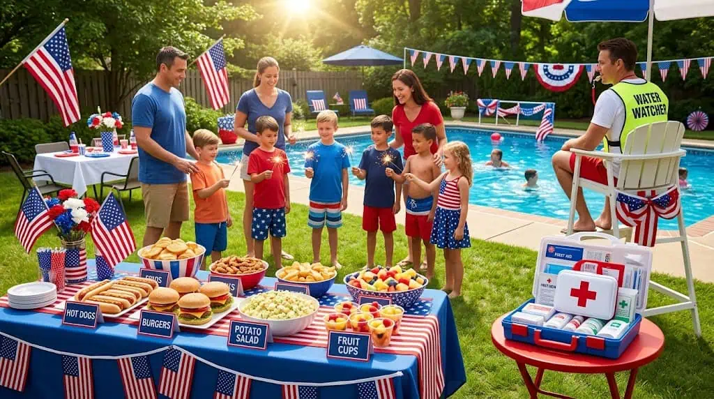 Outdoor pool party with kids, adults, and patriotic decorations.