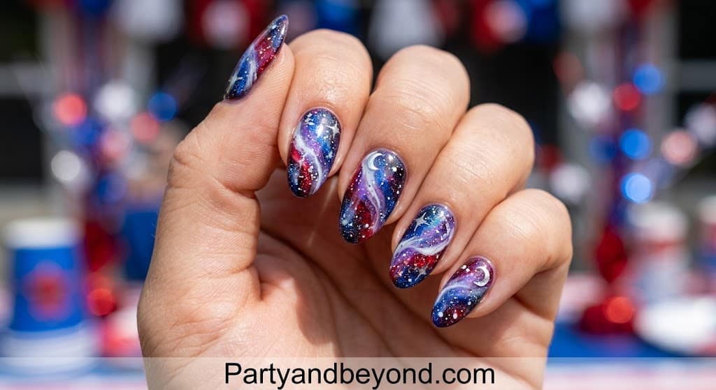 4th of July Nail Designs for Work Black base galaxy nails with red, white, and blue swirls and starry effects.