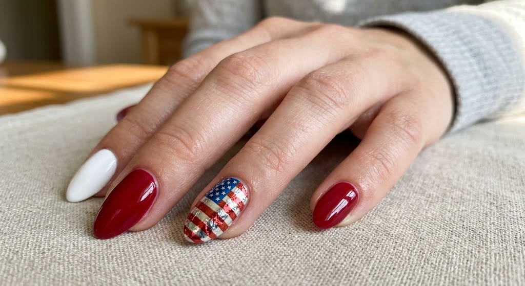 Nail design using metallic foil to create a subtle American flag effect.