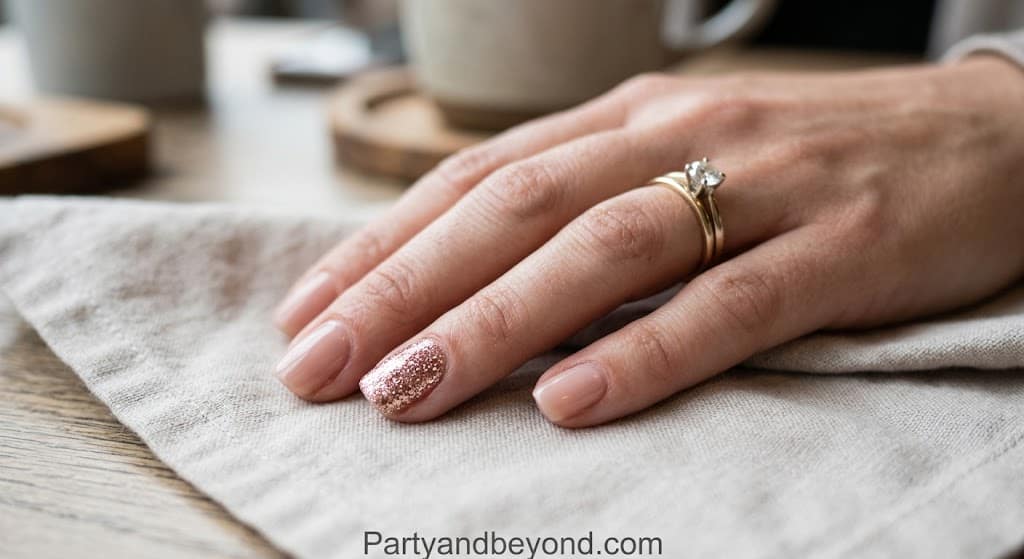 Red nails with a single glittery red white and blue accent ring finger design.