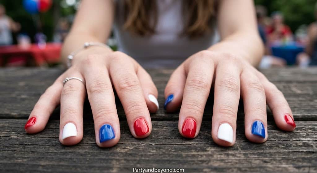 Simple alternating red, white, and navy blue nails for an easy patriotic DIY manicure.