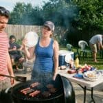 4th of July Party Mistakes Everyone Makes and How to Avoid Them Outdoor BBQ party with friends, grilling burgers and hot dogs in a backyard setting.