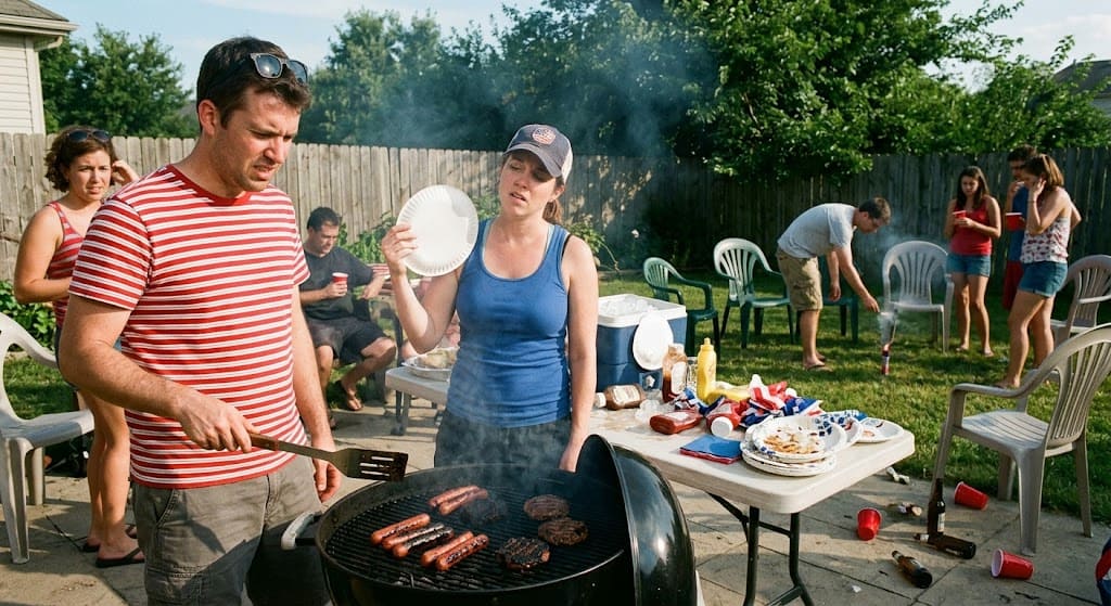Outdoor BBQ party with friends, grilling burgers and hot dogs in a backyard setting.