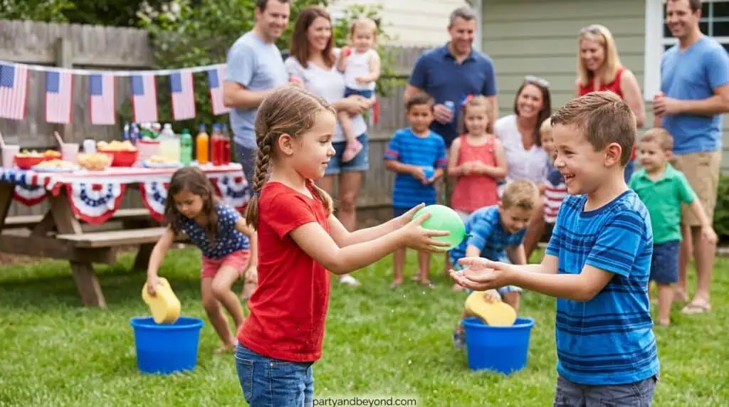 Backyard decorated with balloons, streamers, and patriotic colors for kids party.