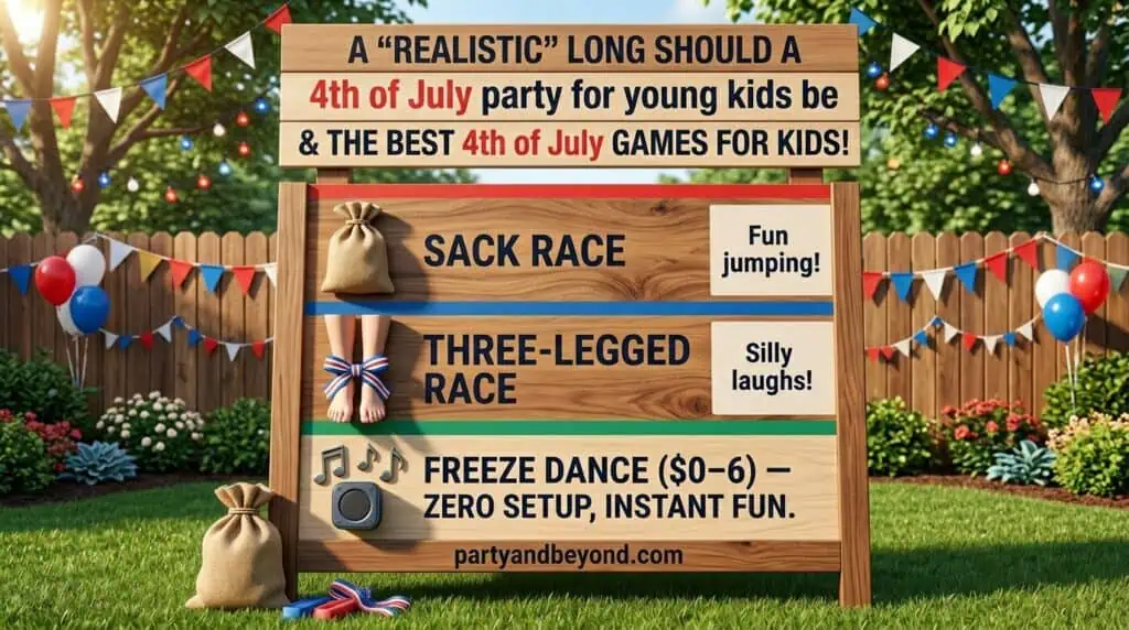 Colorful backyard 4th of July kids' party with games and decorations.