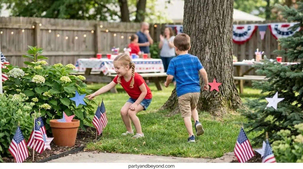Children playing with American flags and decorations at a backyard 4th of July party.