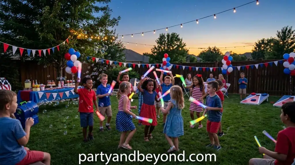 Outdoor kids' birthday party with children playing with glow sticks and balloons in a backyard setti.