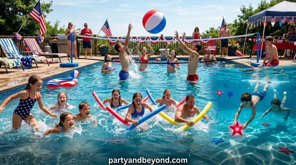 Kids enjoying a fun pool party with balloons, floaties, and American flags at a summer event.