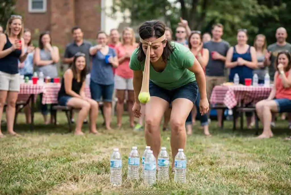 Adult wearing pantyhose with a tennis ball attached while knocking over water bottles in a party game